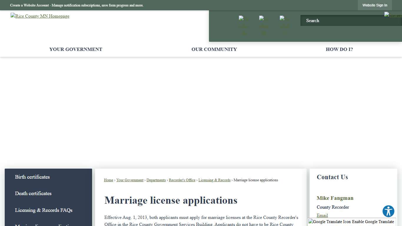 Marriage license applications | Rice County, MN